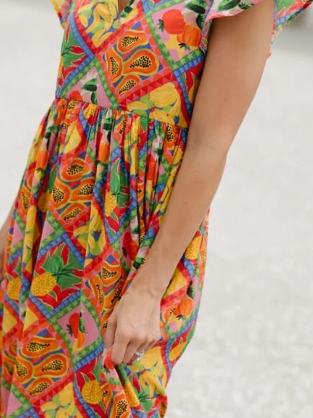 Briton Court Vibrant Yellow Tropical-Print Maxi Dress with Flutter Sleeves_Small - Picture 2 of 8